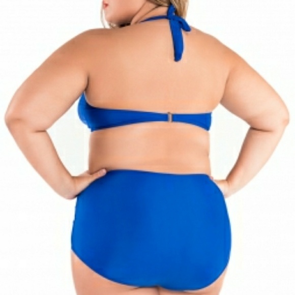 Solid Blue Plus Size Halter Bikini Swimsuit - Picture 2 of 5